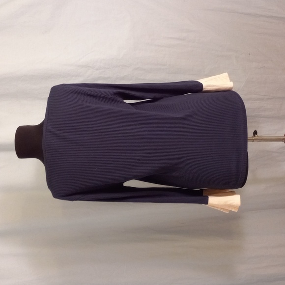 J Crew L Top Blue Tan Ribbed Ruffle Sleeves - Picture 7 of 11